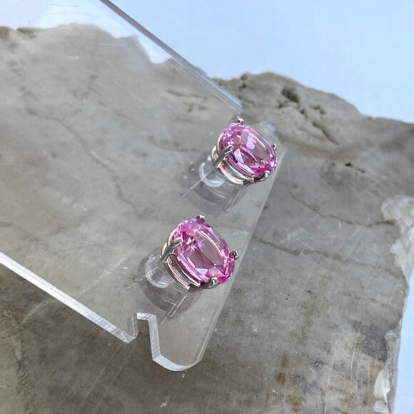 Sterling Silver 925 Oval Faceted Prong Set Pink Ruby Stud Earrings - Picture 6 of 16